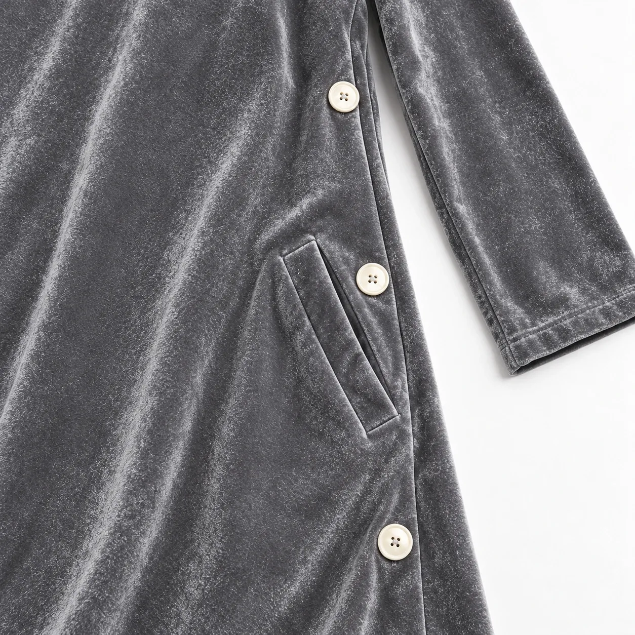 Elvire Velvet Shift Dress - Gray side-pocket and button detail; styling accessories not included