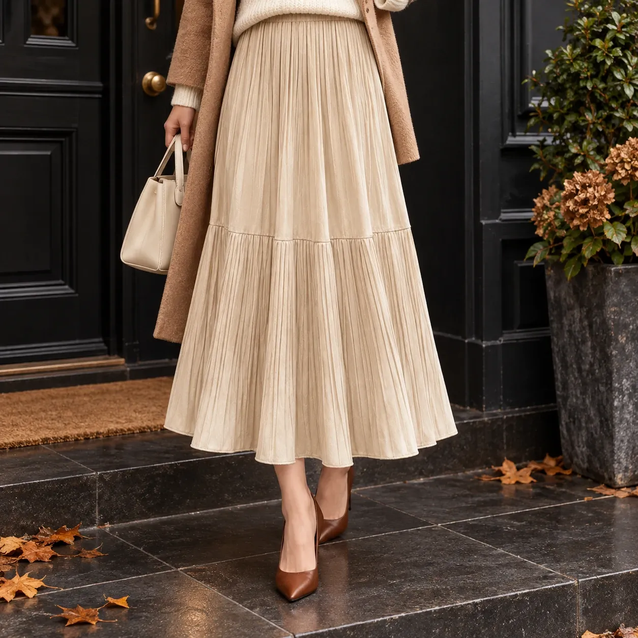 Marielle Pleated Velvet Skirt in Apricot: lead photograph