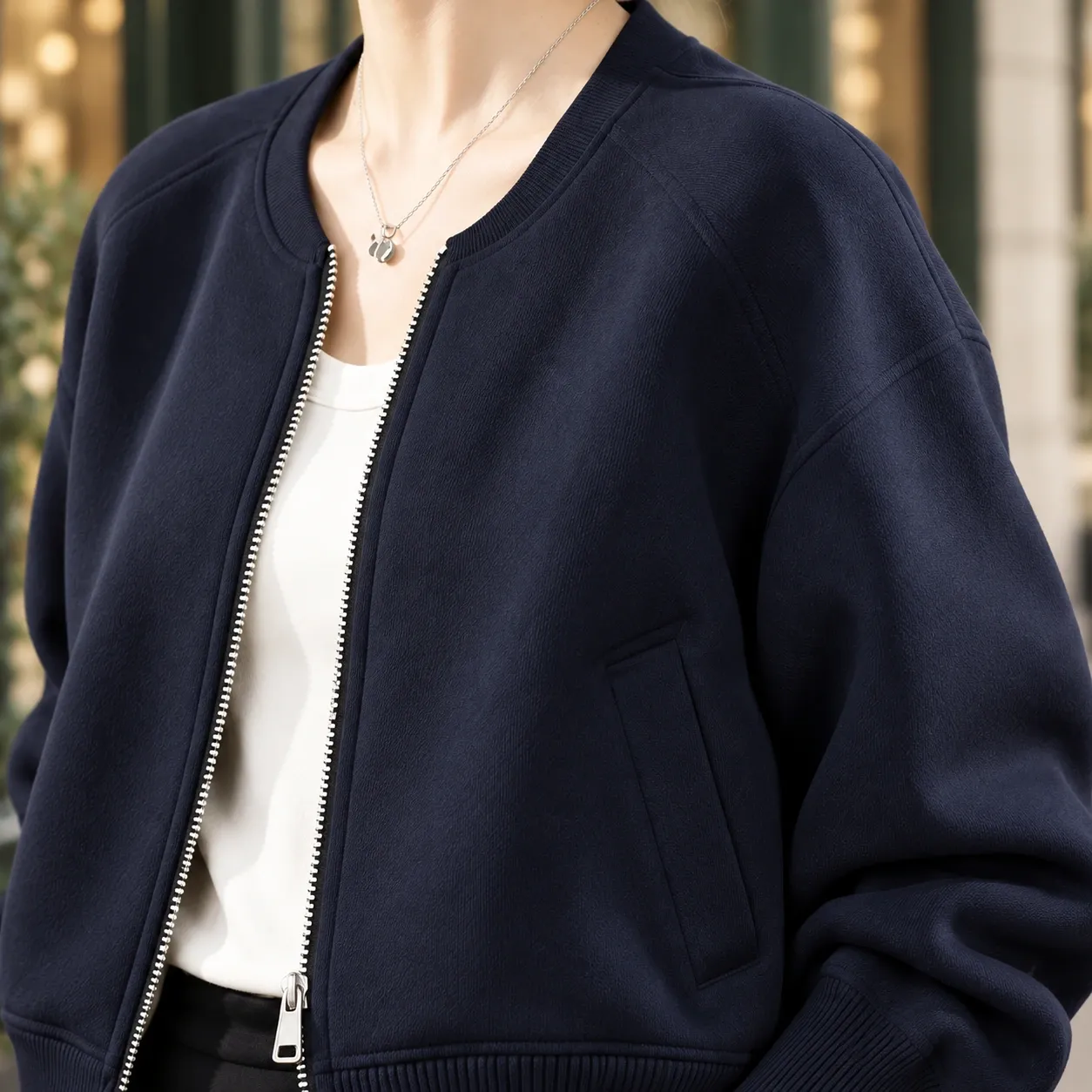 Anais Zip Bomber — detail; styling props not included
