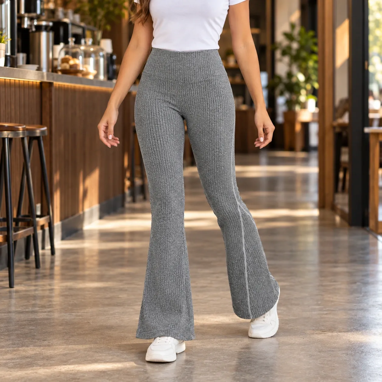 Emeline Ribbed Flare Pants - Gray front fit; styling accessories not included