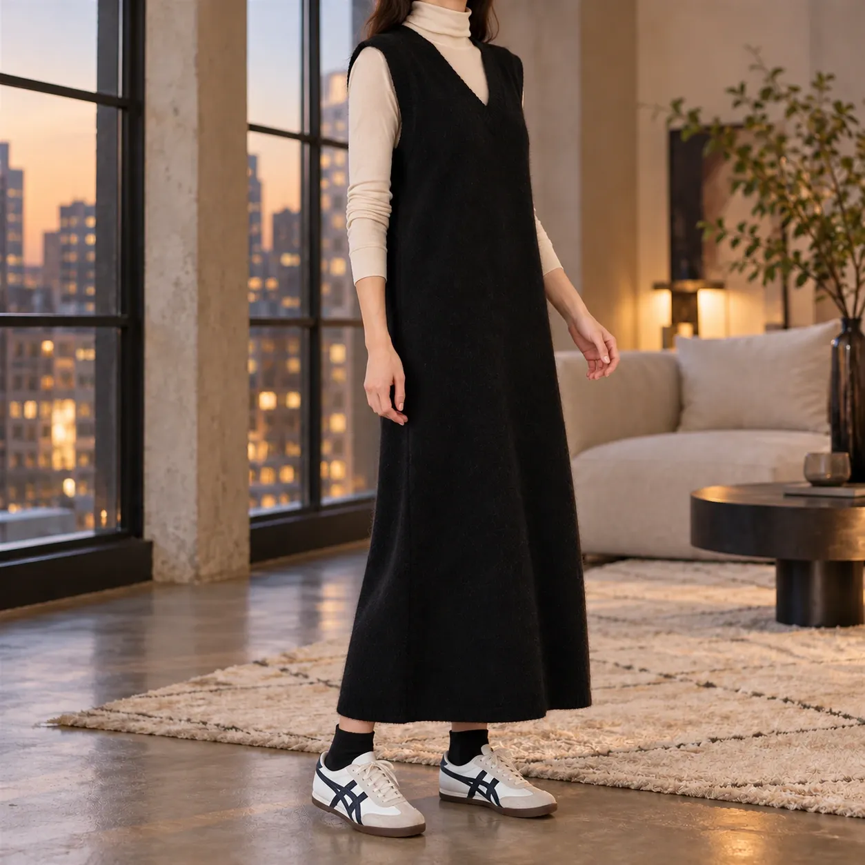 Bertille V-Neck Knit Dress - Black shallow front-side drape; styling accessories not included