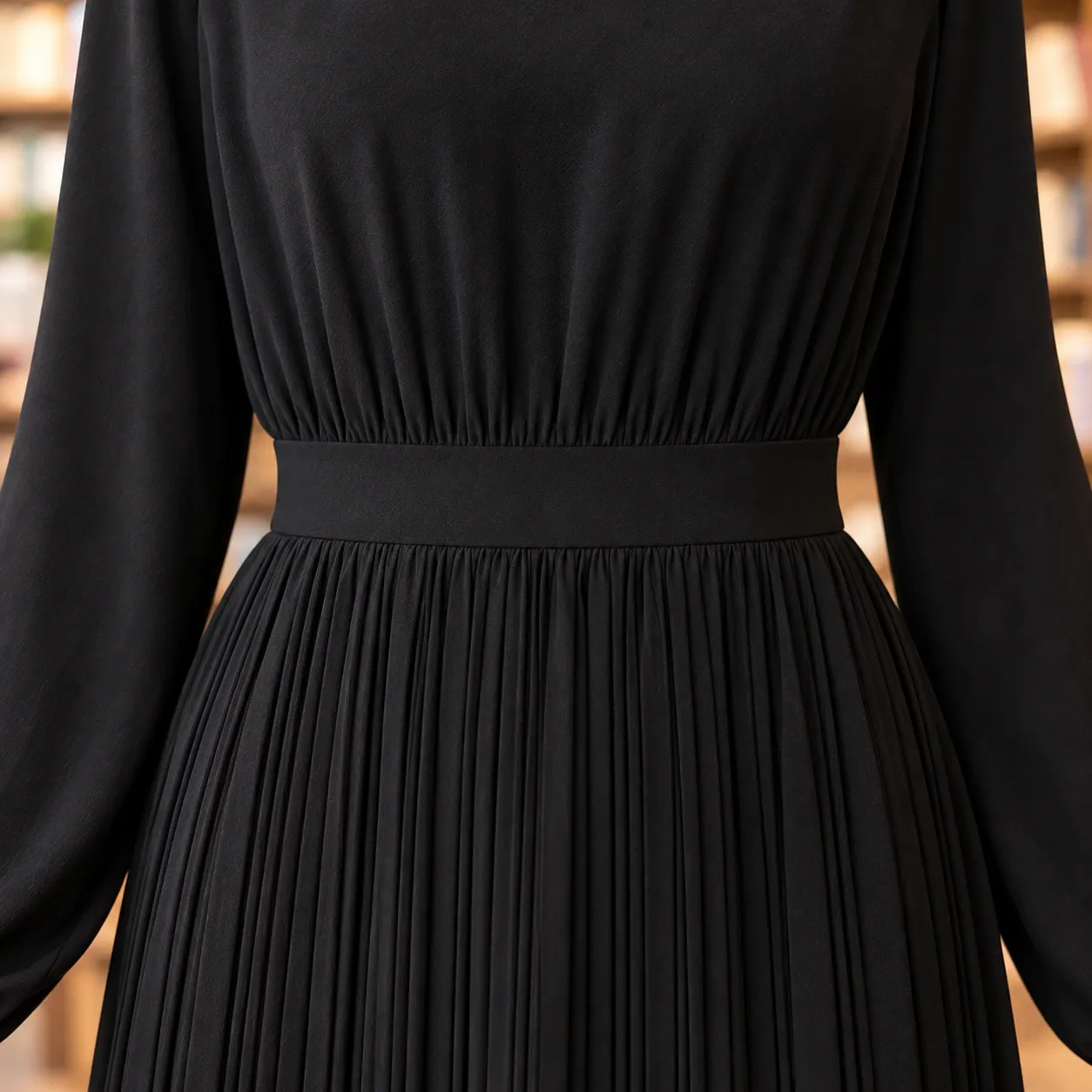 Iris Pleated Midi Dress - Black detail; styling accessories not included
