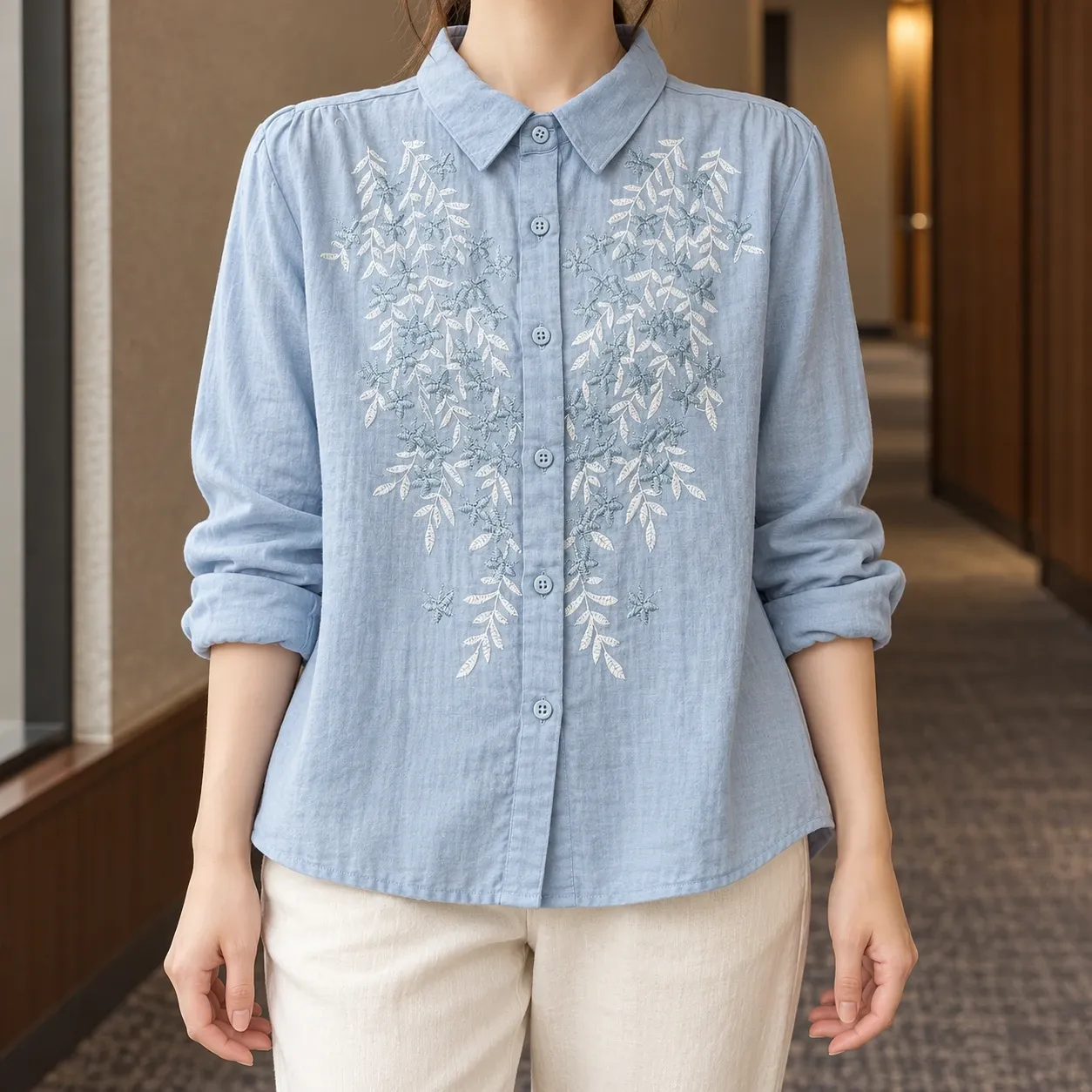 Eglantine Embroidered Blouse - Blue blouse front; styling accessories not included