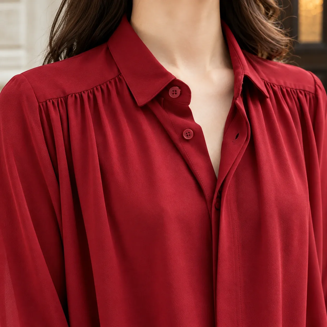 Lucette Gathered Sleeve Blouse - Wine Red - Shoulder & Placket Detail; styling accessories not included