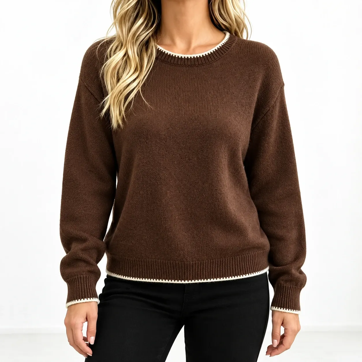 Yselle Contrast-Trim Sweater - Coffee front fit; styling accessories not included