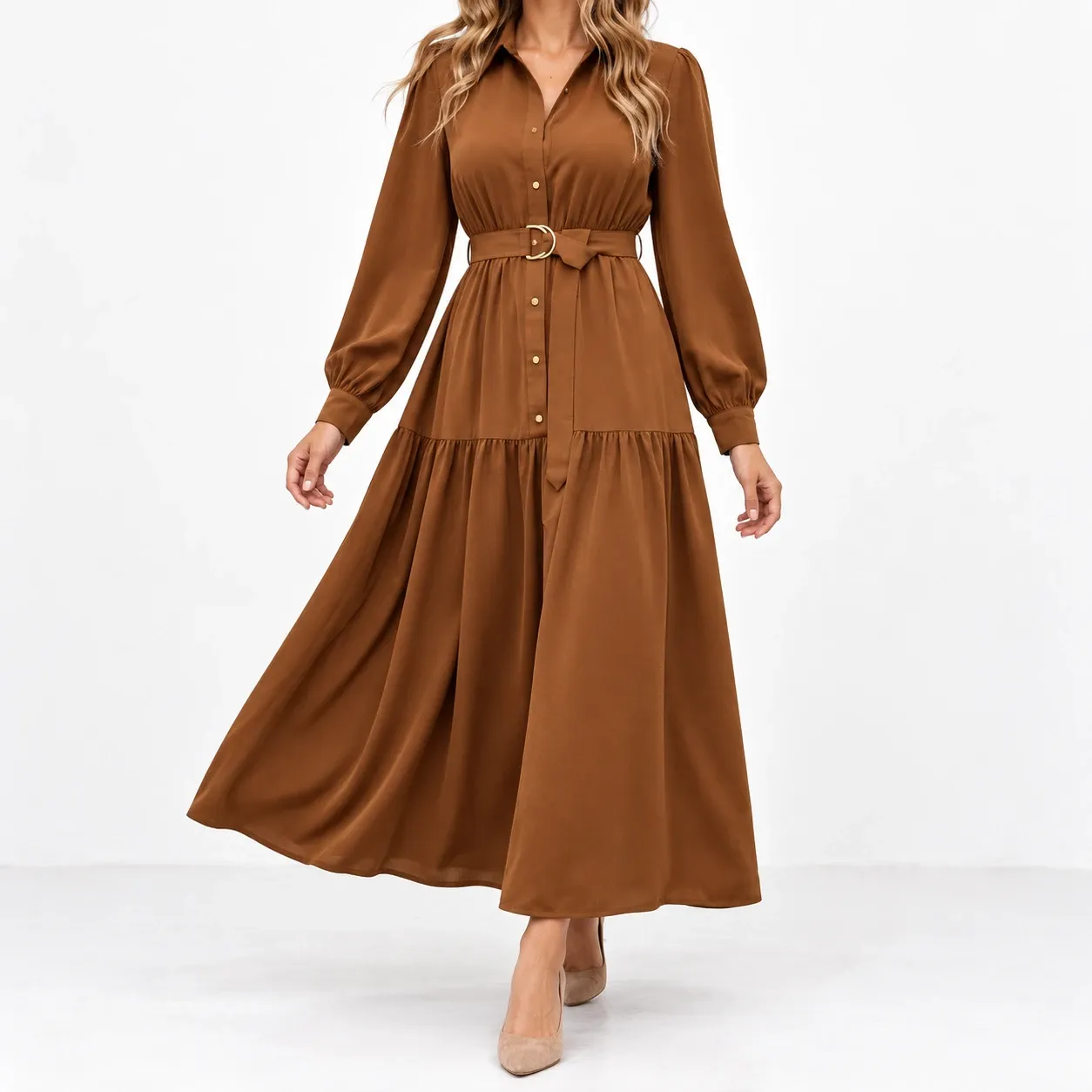 Celestiane Tiered Shirt Dress - Brown front fit; styling accessories not included