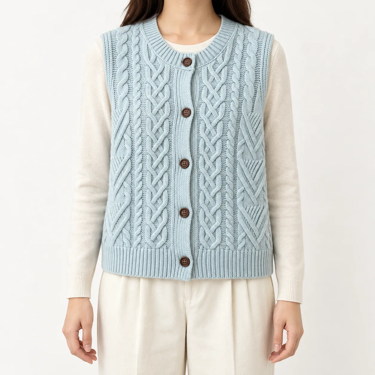 Elise Cable Knit Vest in Light Blue: lead photograph