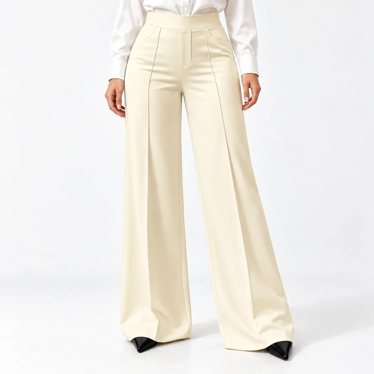 Coline Pintuck Wide-Leg Trousers - Beige front fit; styling accessories not included