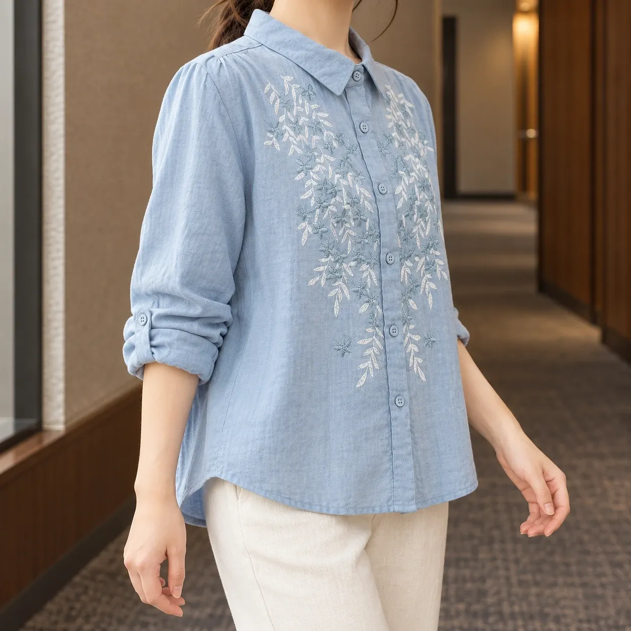 Eglantine Embroidered Blouse - Blue blouse front-side drape; styling accessories not included