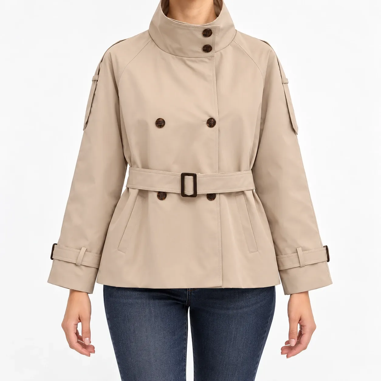 Elsiane Belted Trench Jacket - Beige front fit; styling accessories not included