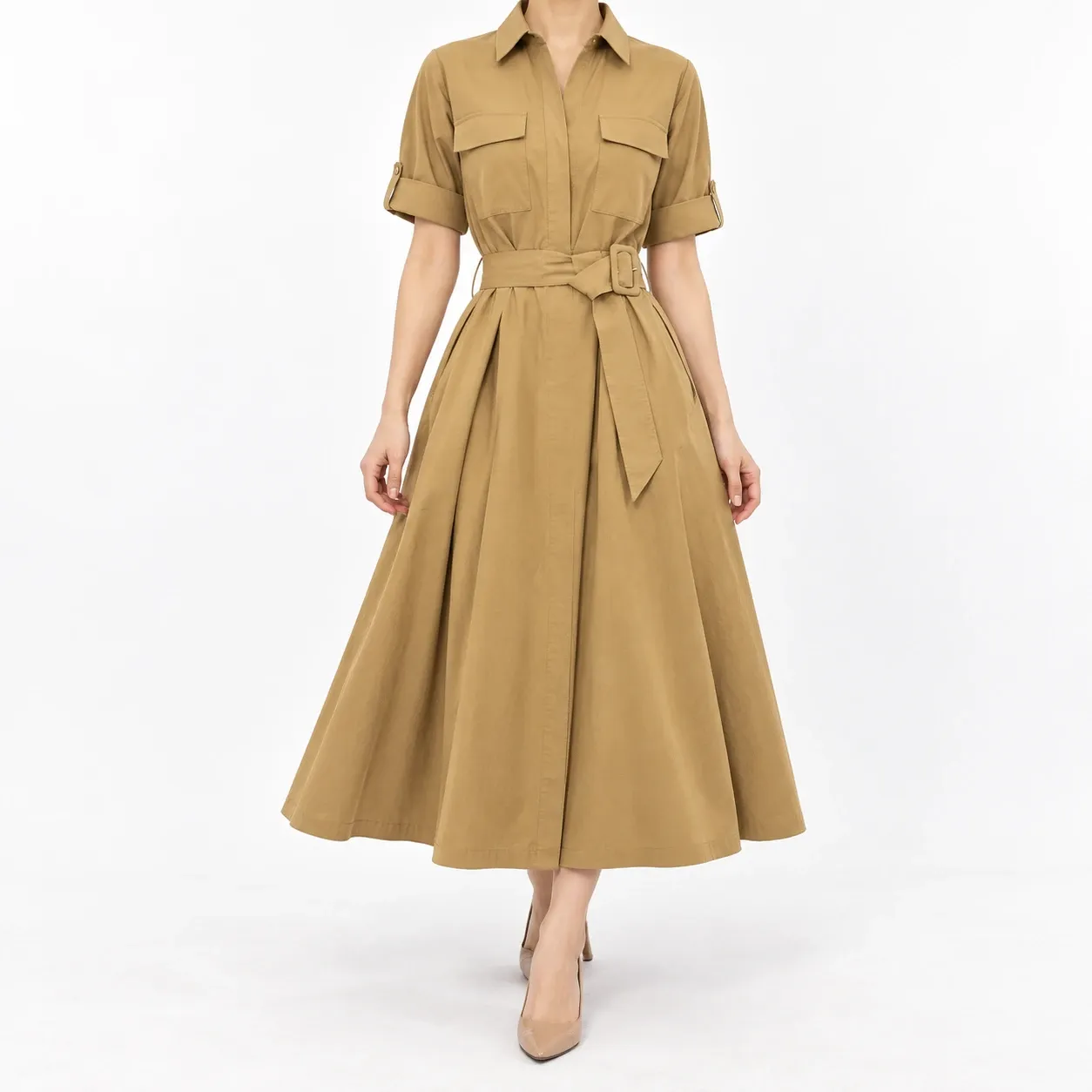 Clemence Belted Shirt Dress - Khaki front fit; styling accessories not included