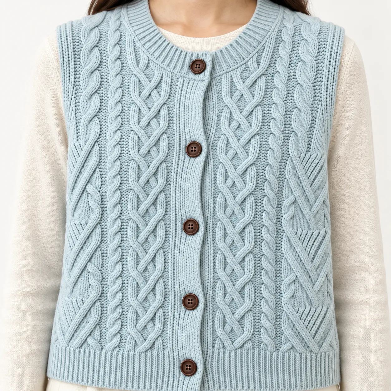 Elise Cable Knit Vest in Light Blue: detail photograph