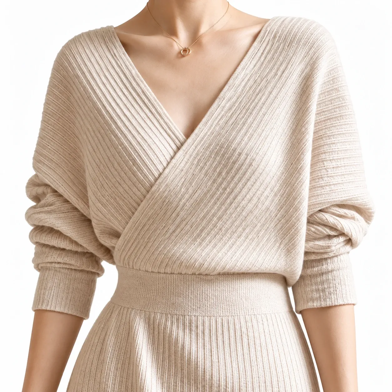 Delphine Wrap Knit Dress in Apricot: detail photograph