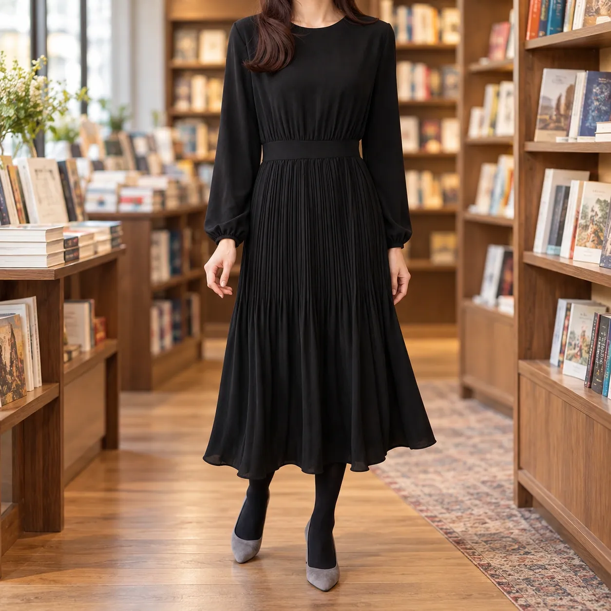 Iris Pleated Midi Dress - Black lead; styling accessories not included