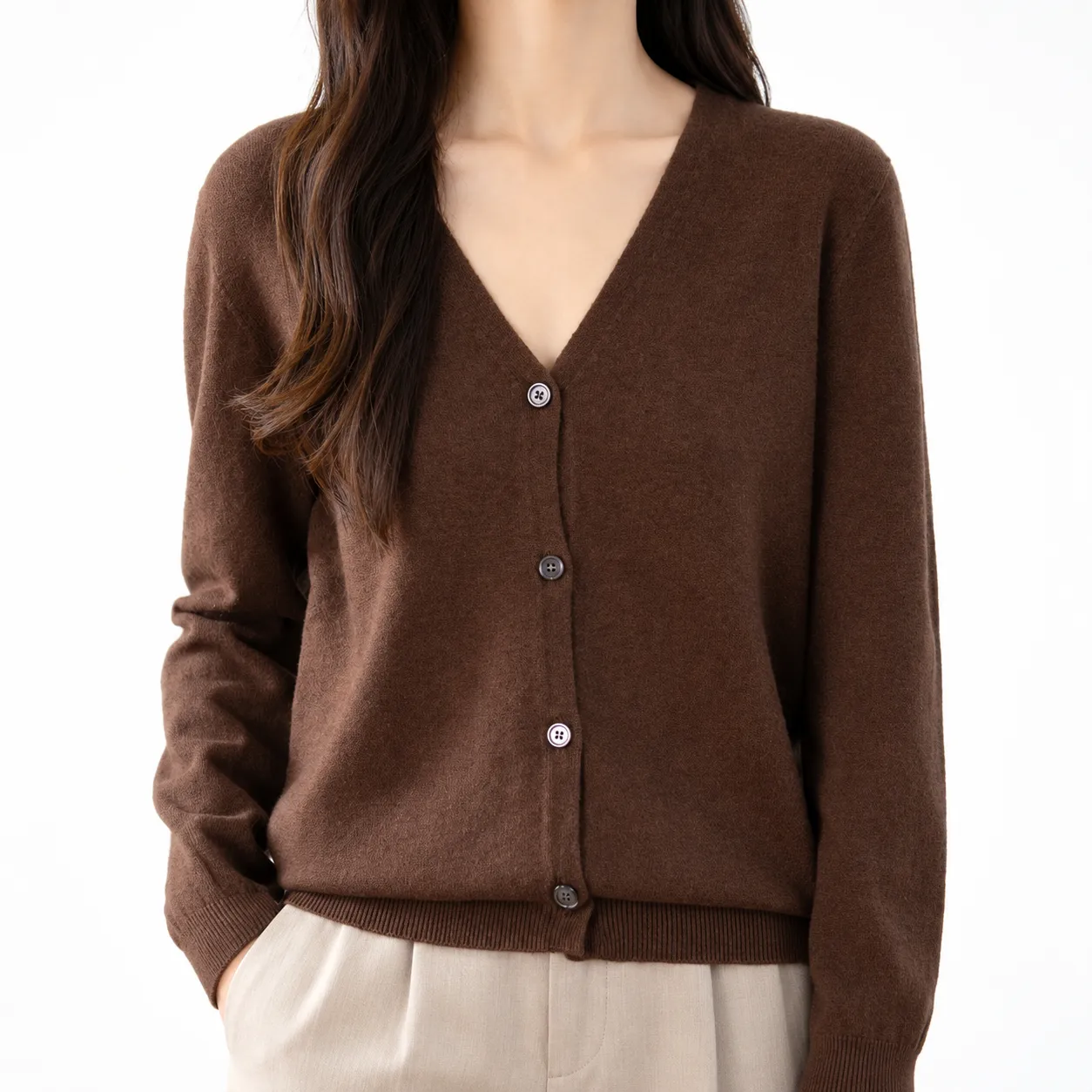 Lucille V-Neck Cardigan in Brown: lead photograph