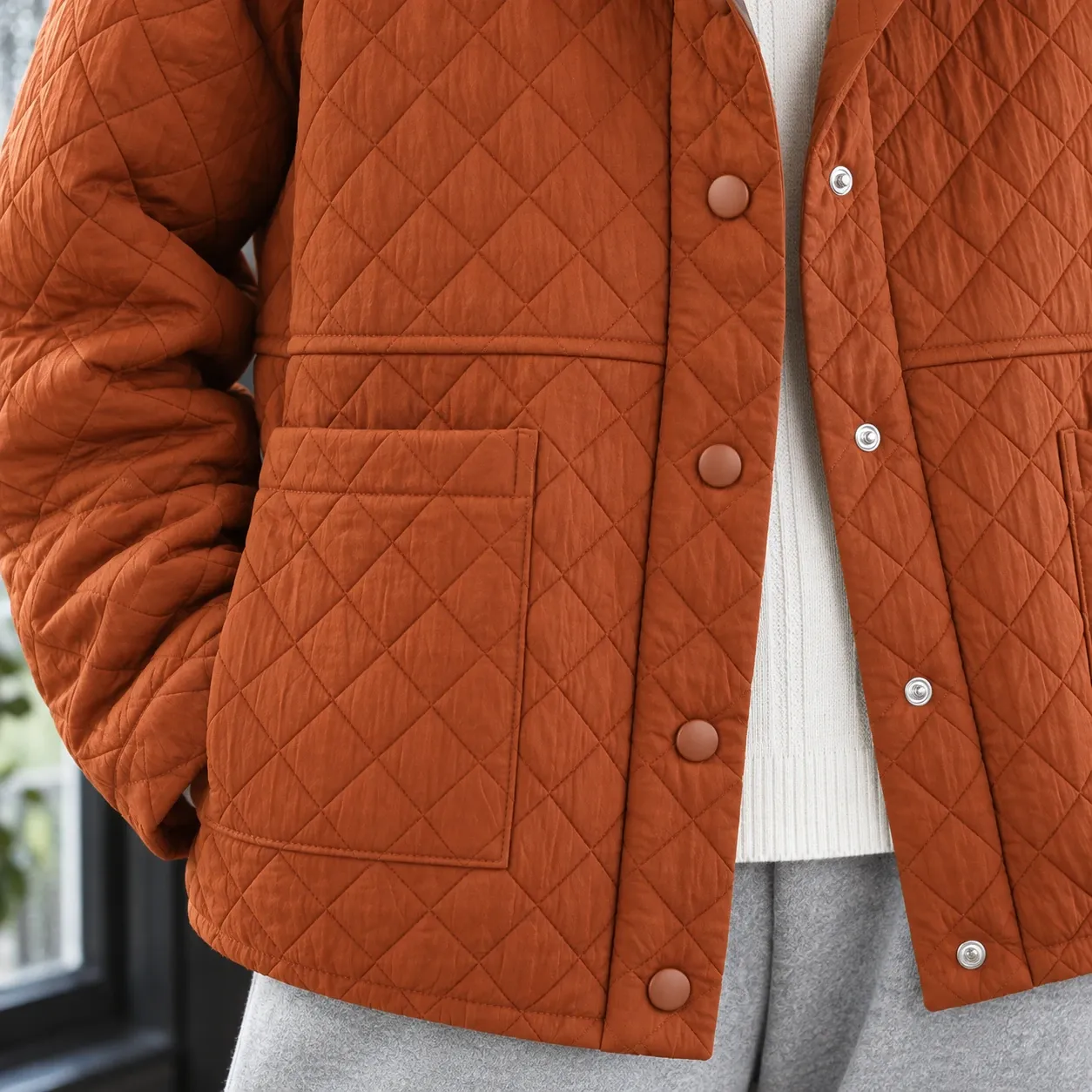 Solene Quilted Hood Jacket - Orange Red detail photograph