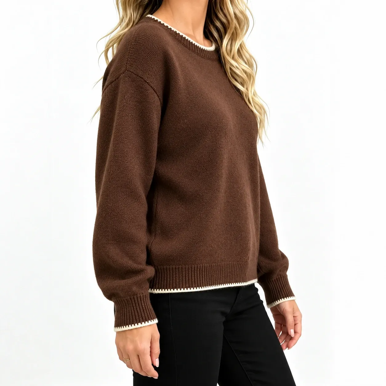 Yselle Contrast-Trim Sweater - Coffee supported alternative fit; styling accessories not included