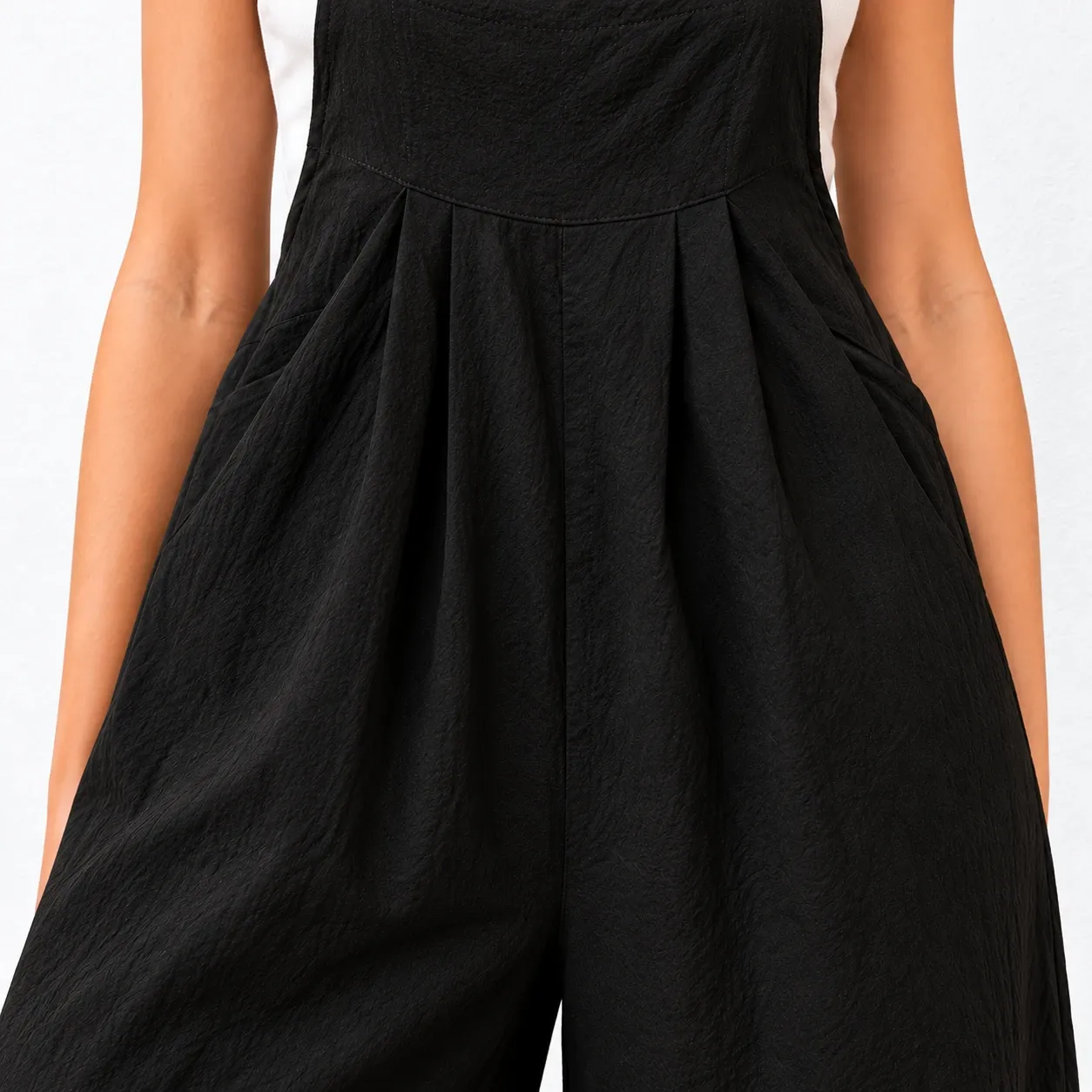 Sidonie Wide-Leg Dungarees - Black lower bib seam, pleats and fabric detail; styling accessories not included