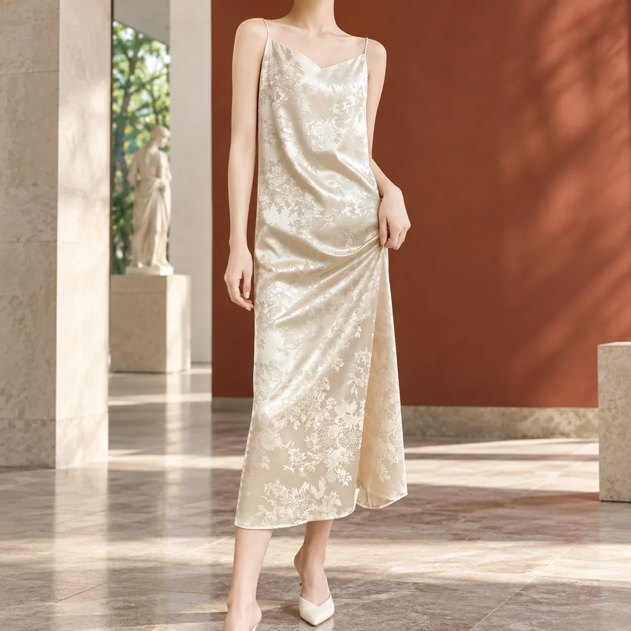 Maelle Jacquard Slip Dress - Champagne lead photograph
