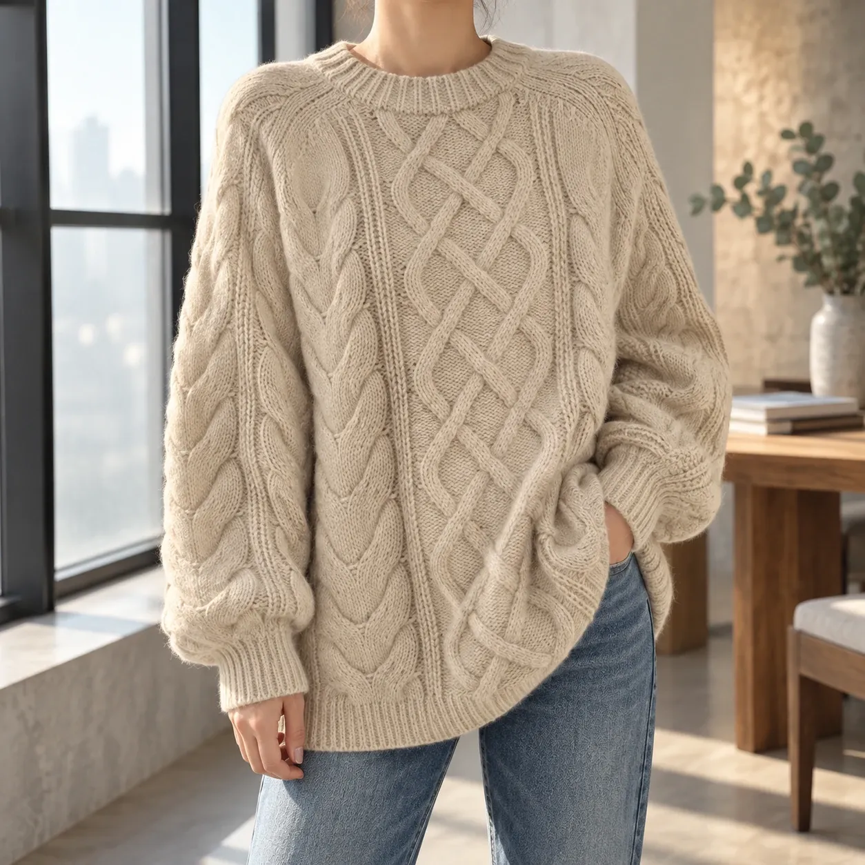 Vivienne Cable Knit Sweater in Beige White: lead photograph