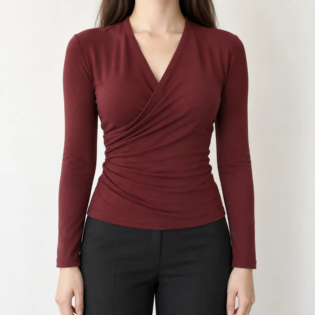 Mara Wrap-Effect Top in Burgundy: lead photograph