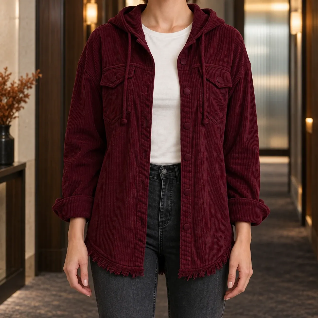 Rosalie Hooded Corduroy Shirt in Burgundy: lead photograph