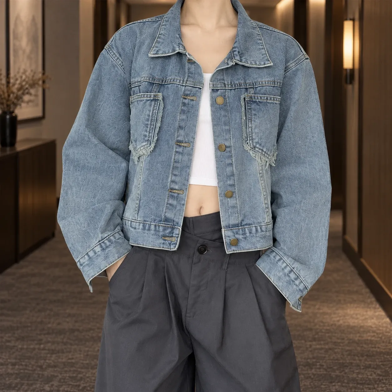 Camille Cropped Denim Jacket - Blue lead photograph