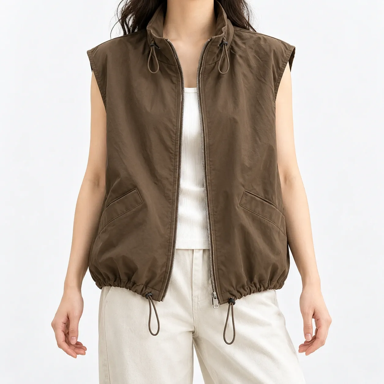 Brigitte Drawstring Utility Vest - Coffee front fit; styling accessories not included