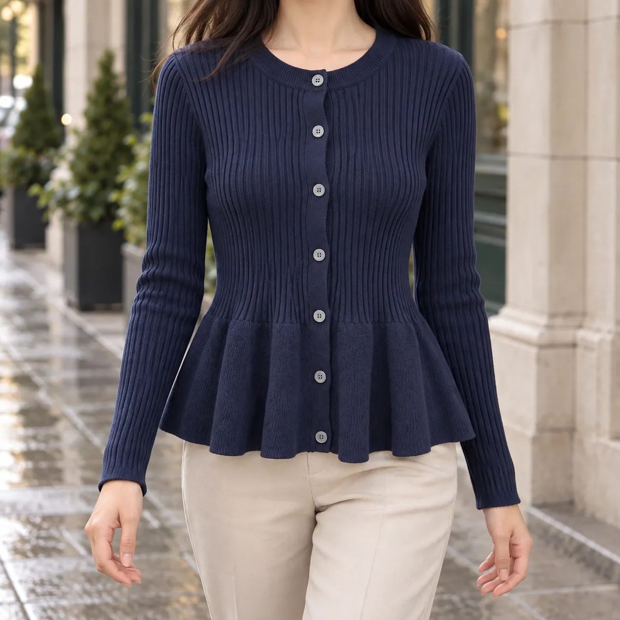 Constance Peplum Cardigan - Constance Peplum Cardigan - Navy front; styling accessories not included