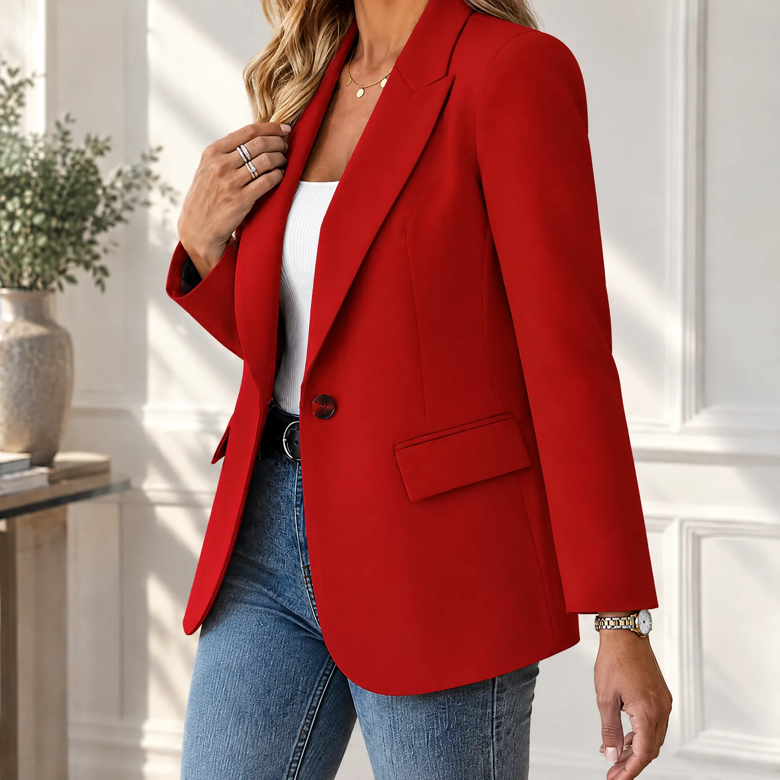 Bramble Red V-Neck Blazer: styling view