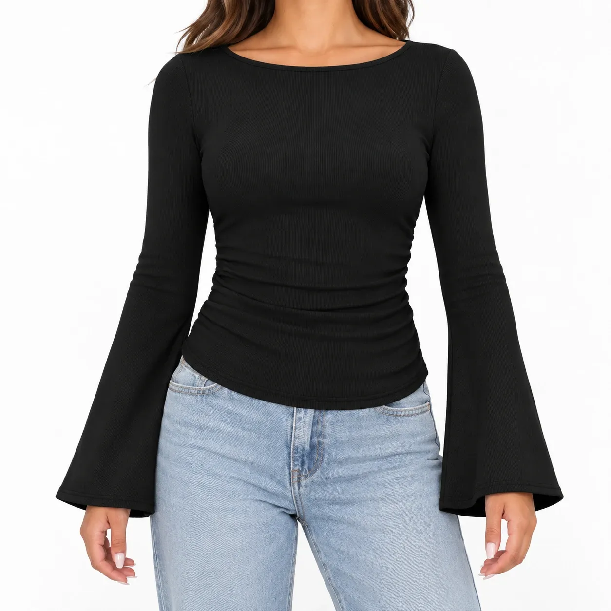 Amandine Flared Sleeve Top - Black front fit; styling accessories not included