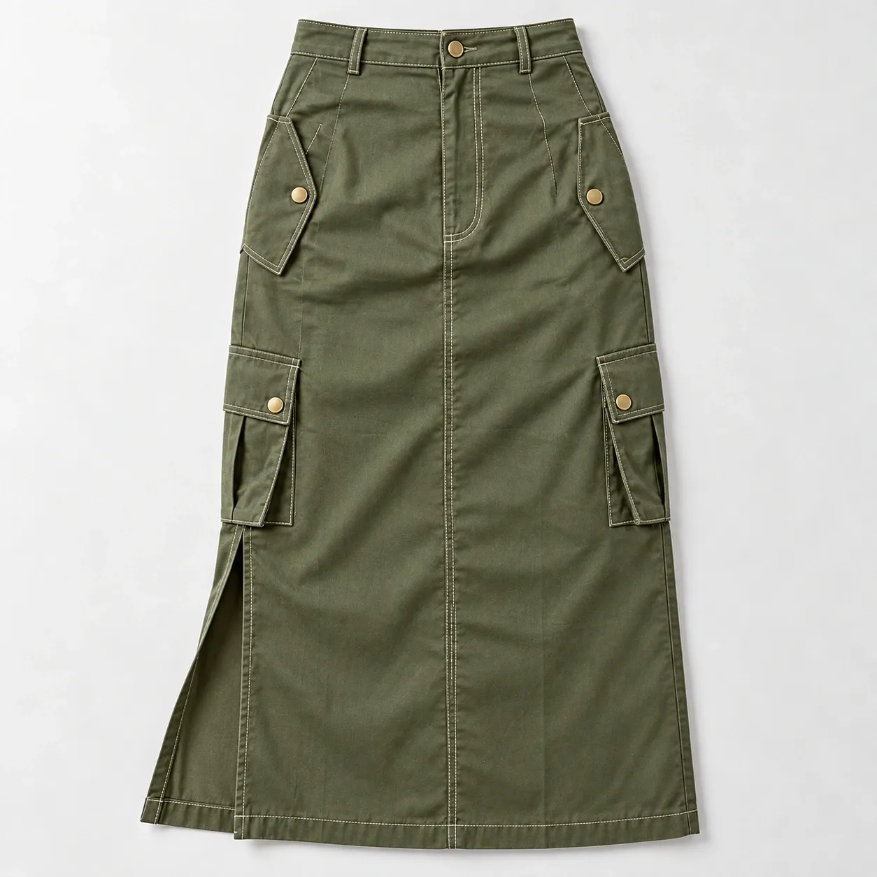 Eugenie Cargo Midi Skirt - Eugenie Cargo Midi Skirt - Army Green flat pocket-and-slit construction view; styling accessories not included