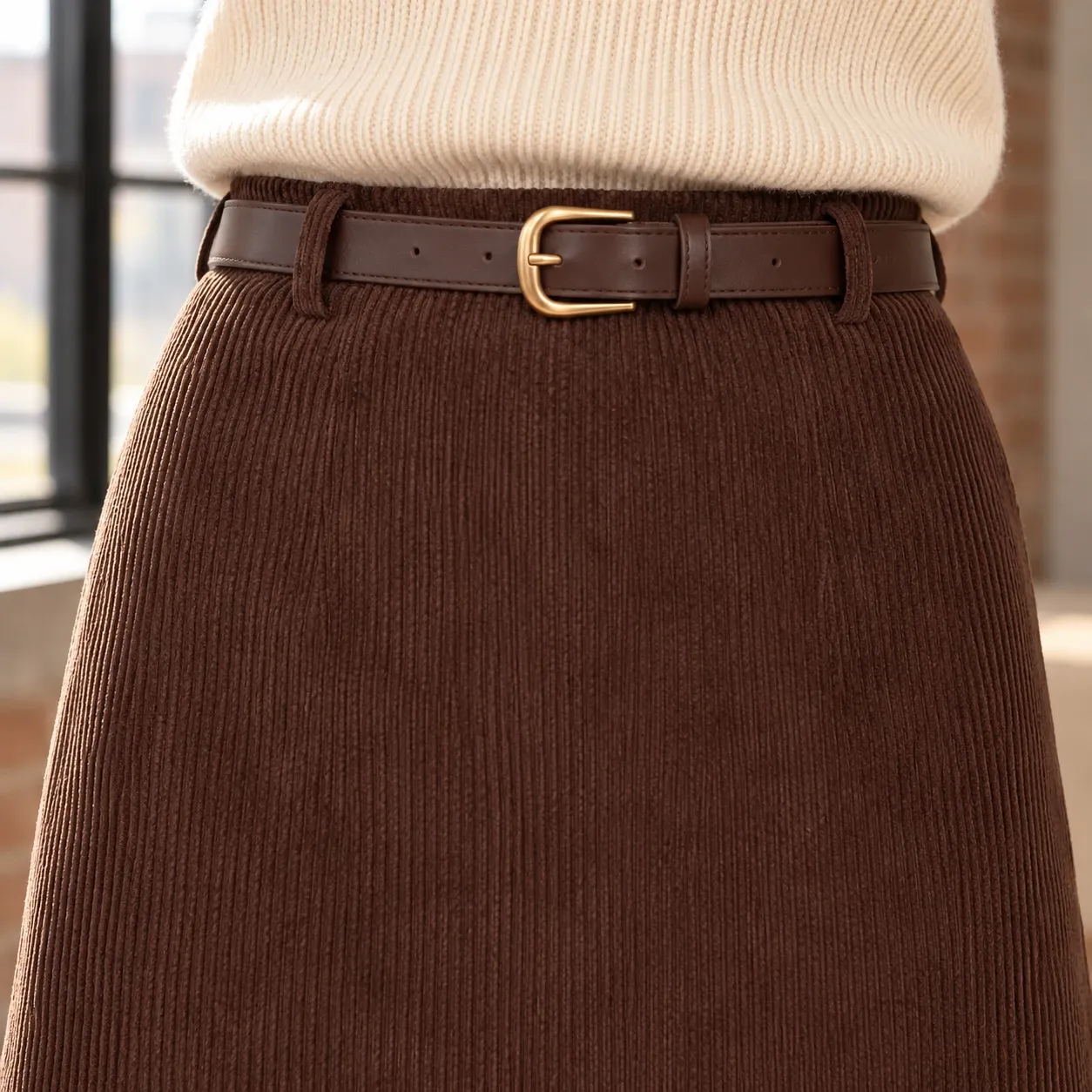 Lucienne Corduroy Midi Skirt - Coffee waistband, belt and corduroy detail; styling accessories not included