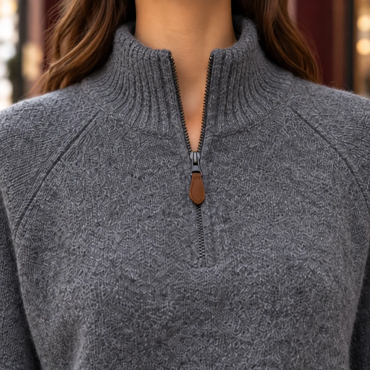 Perrine Half-Zip Sweater - Dark Gray collar zip and fuzzy knit detail; styling accessories not included