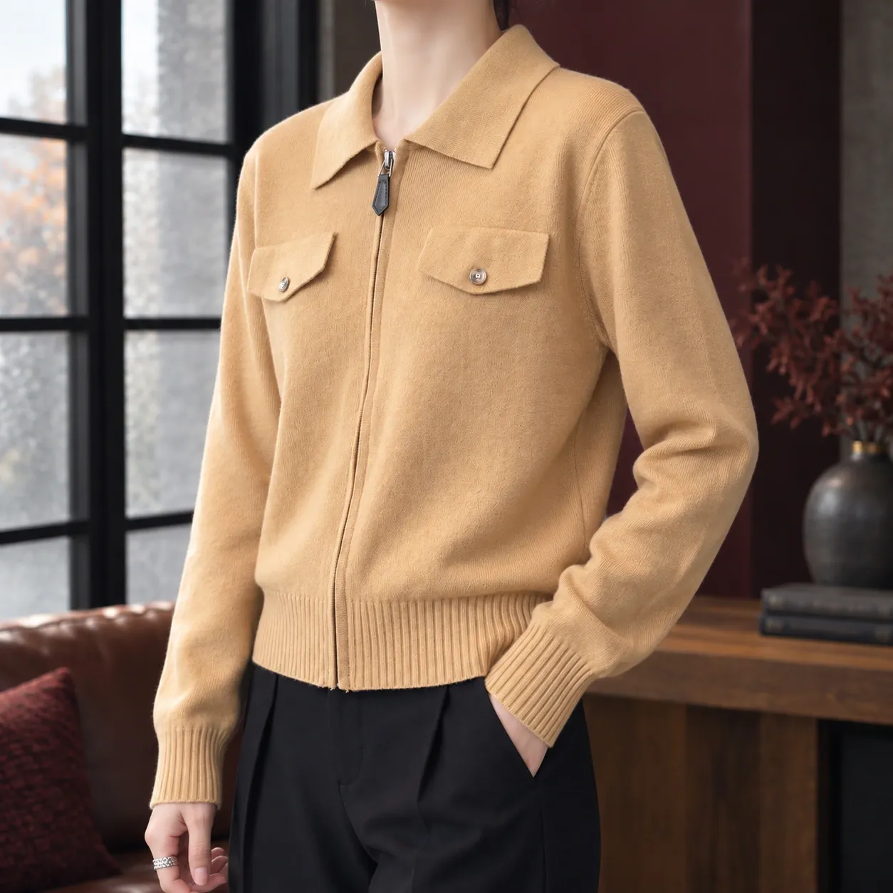 Colette Pocket Zip Cardigan - In use; styling accessories not included