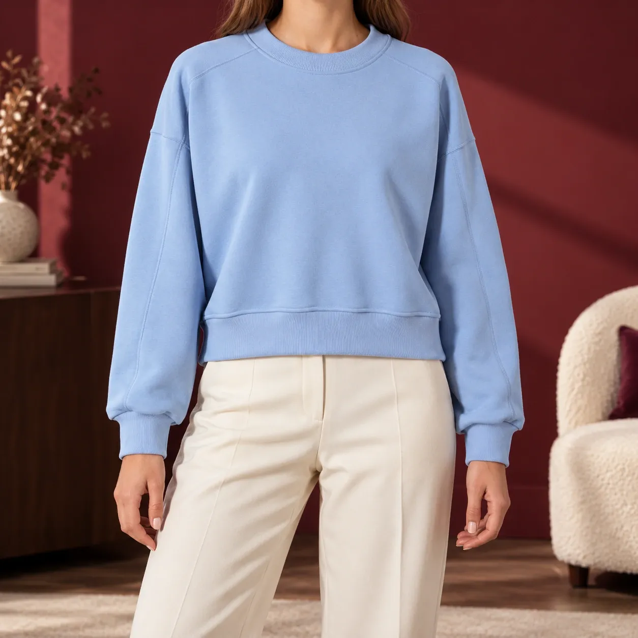 Celestine Cropped Sweatshirt - Sky Blue front fit; styling accessories not included
