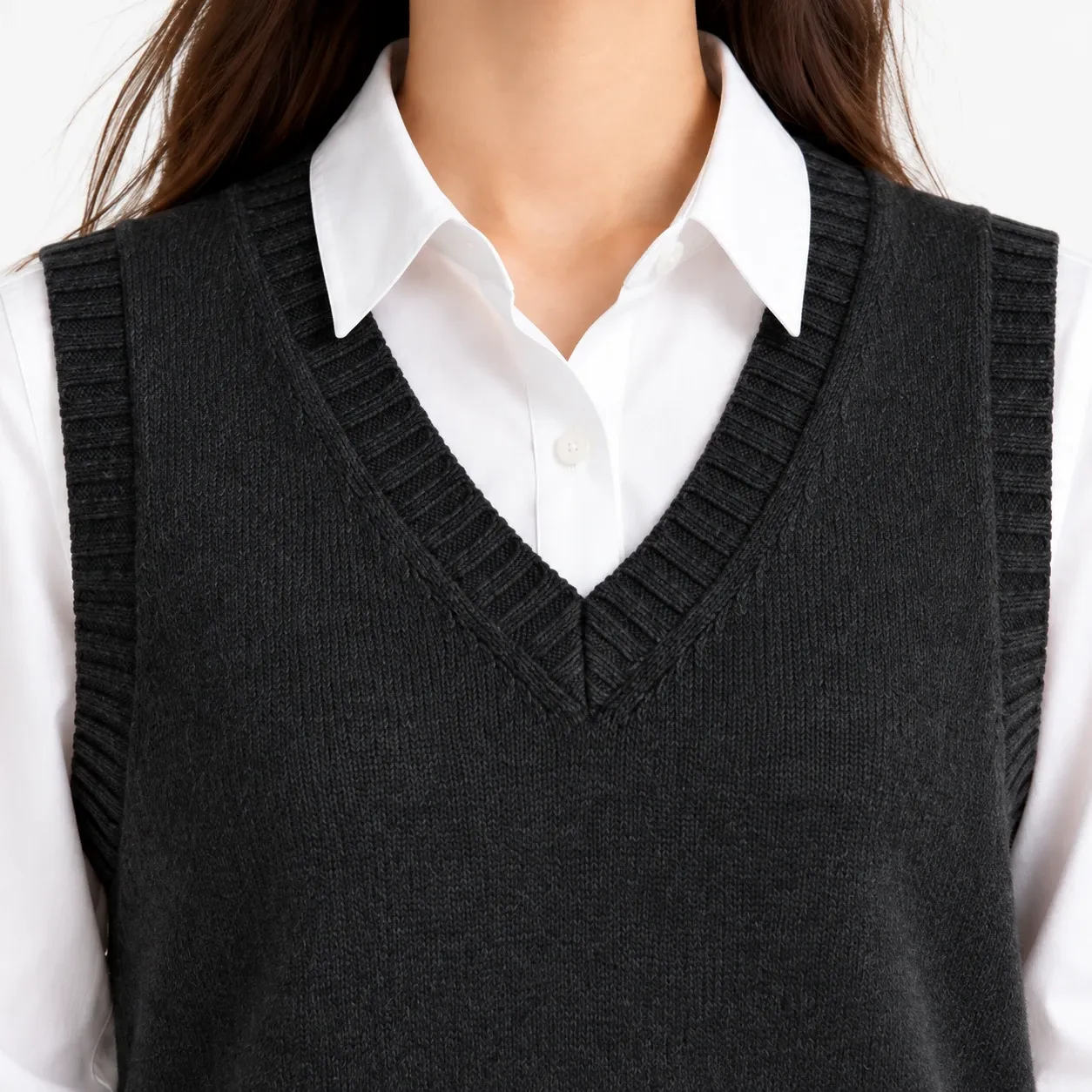 Isaline Sweater Vest - Black ribbed V-neck construction detail; styling accessories not included