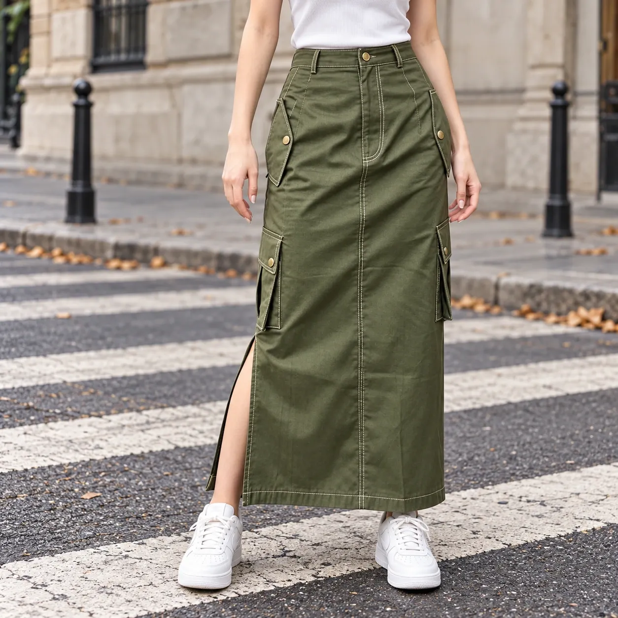 Eugenie Cargo Midi Skirt - Eugenie Cargo Midi Skirt - Army Green front fit; styling accessories not included