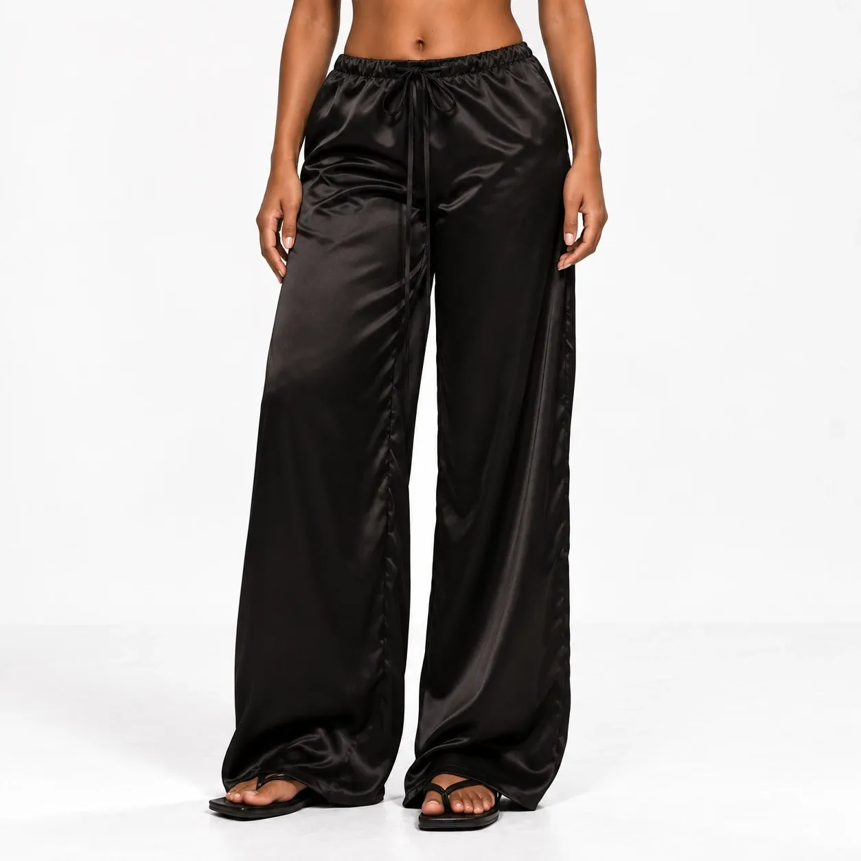 Noelle Satin Drawstring Trousers - Black front fit; styling accessories not included