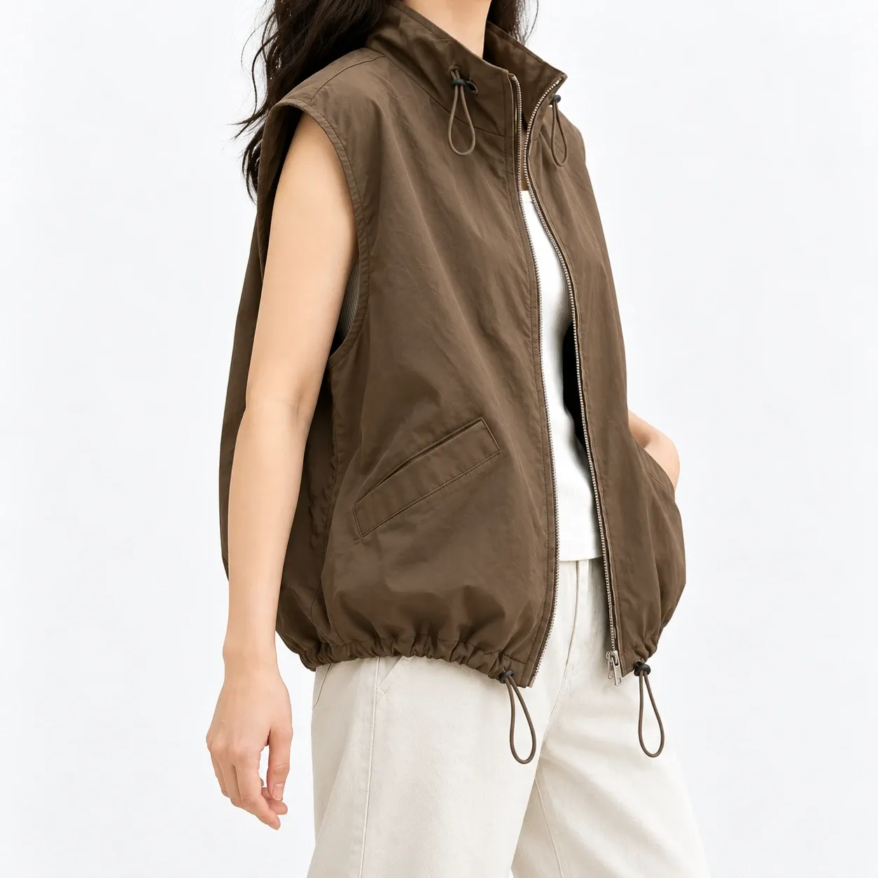 Brigitte Drawstring Utility Vest - Coffee supported alternative fit; styling accessories not included