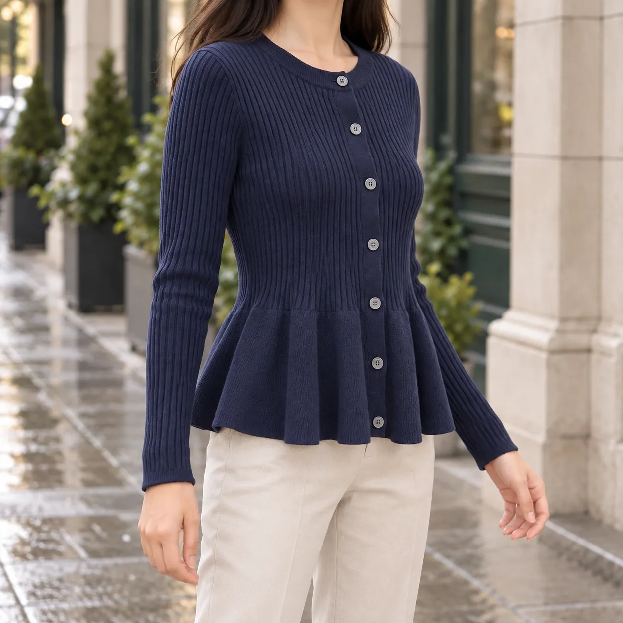 Constance Peplum Cardigan - Constance Peplum Cardigan - Navy shallow front-side; styling accessories not included