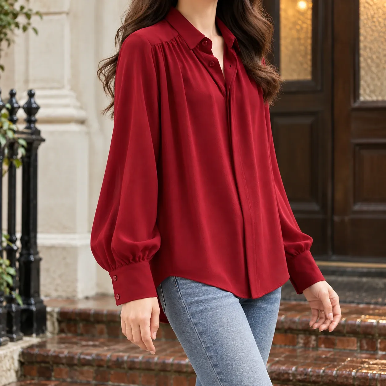 Lucette Gathered Sleeve Blouse - Wine Red - Shallow Side; styling accessories not included