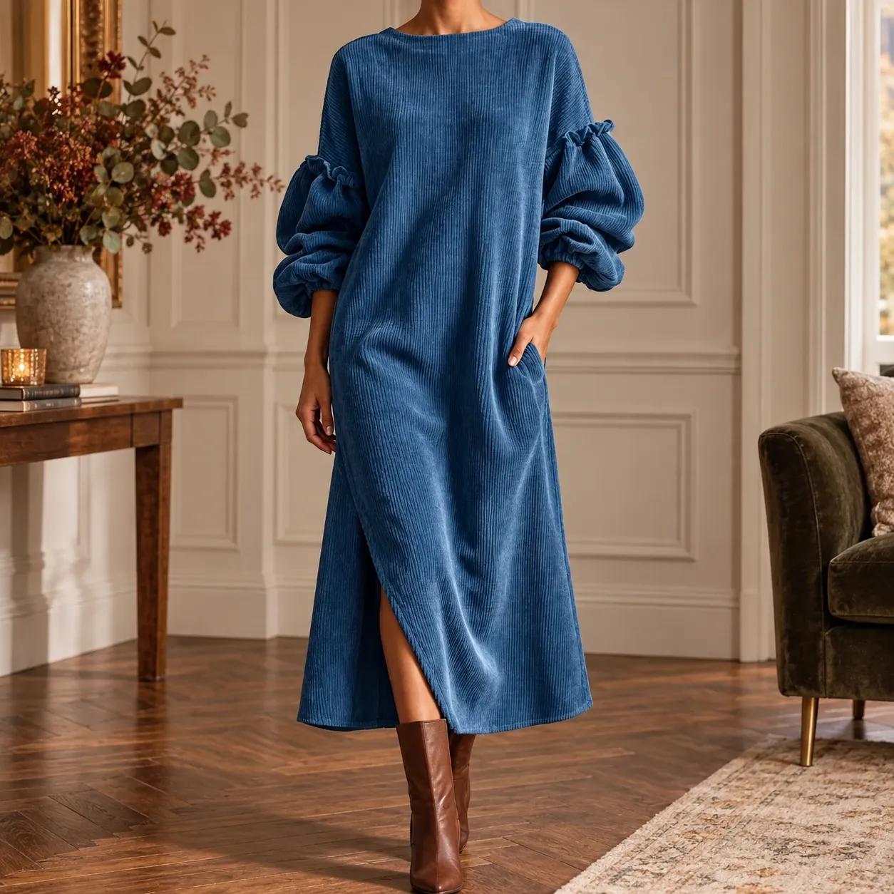Aurelie Corduroy Dress - Dark Blue lead photograph