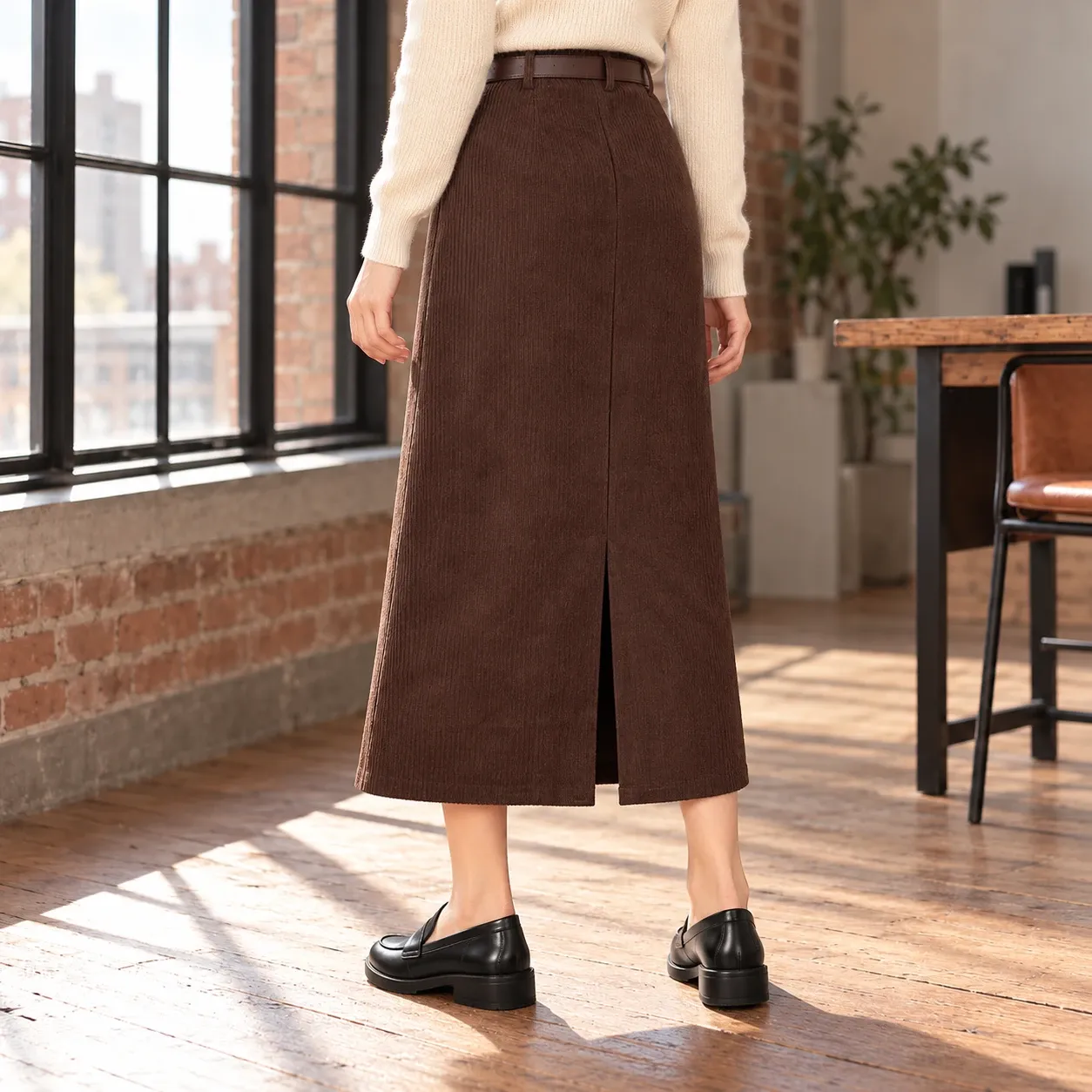Lucienne Corduroy Midi Skirt - Coffee skirt rear seam and slit; styling accessories not included