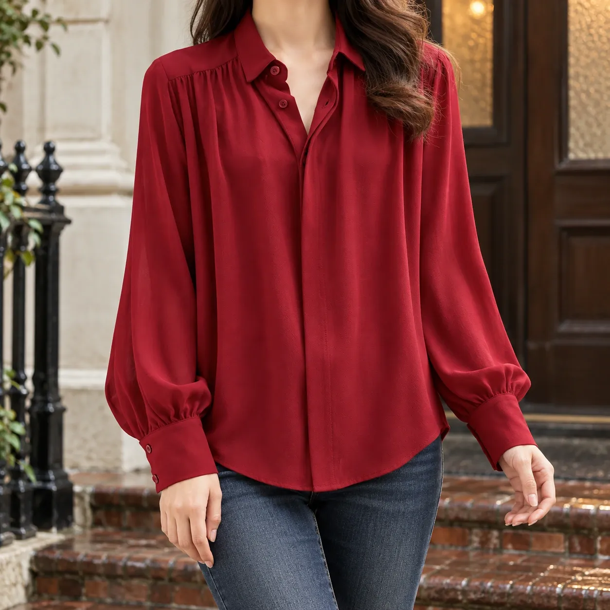 Lucette Gathered Sleeve Blouse - Wine Red - Front; styling accessories not included
