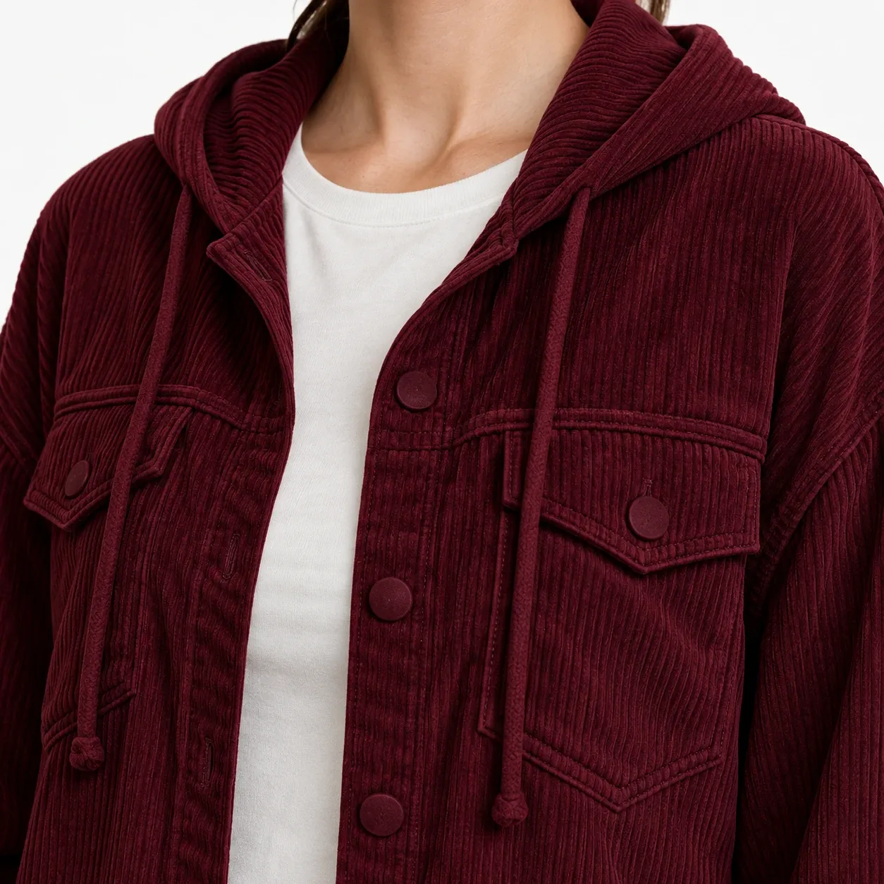 Rosalie Hooded Corduroy Shirt in Burgundy: detail photograph