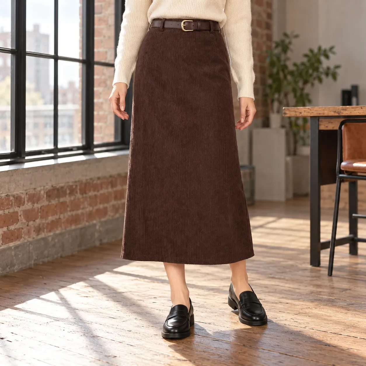Lucienne Corduroy Midi Skirt - Coffee skirt front; styling accessories not included
