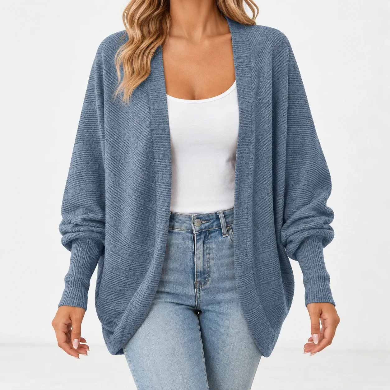 Felicie Open-Front Cardigan - Blue front fit; styling accessories not included