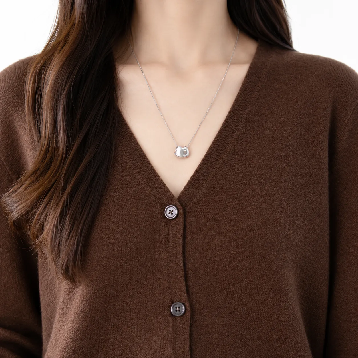 Lucille V-Neck Cardigan in Brown: detail photograph