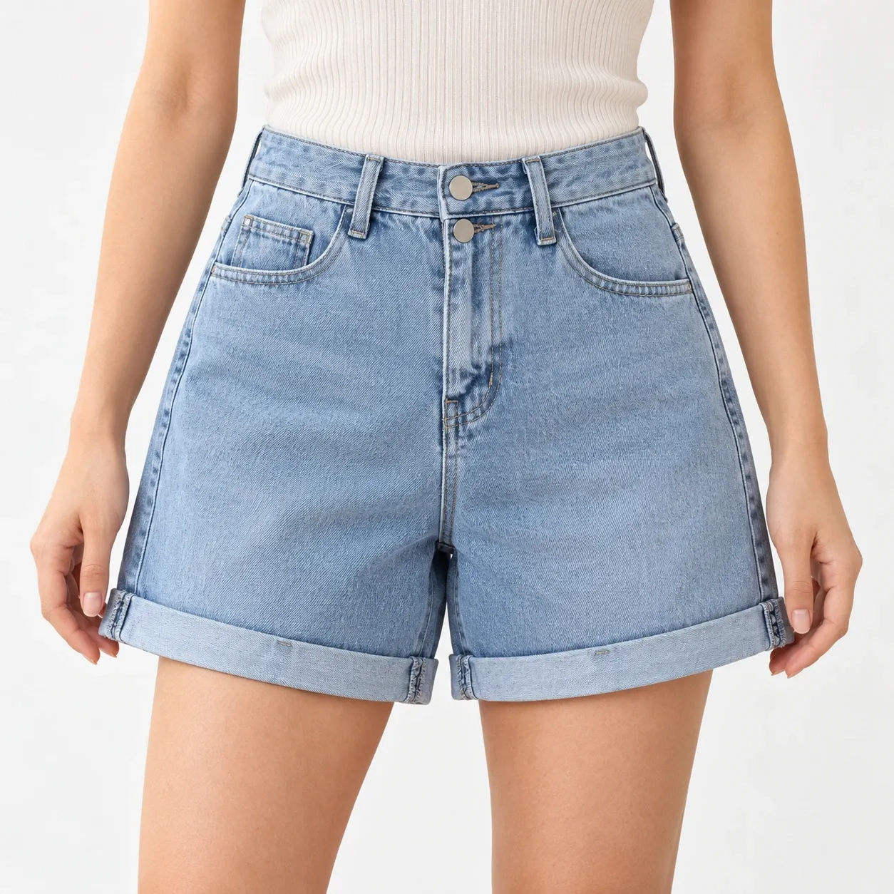 Florine Cuffed Denim Shorts - Light Blue front fit; styling accessories not included